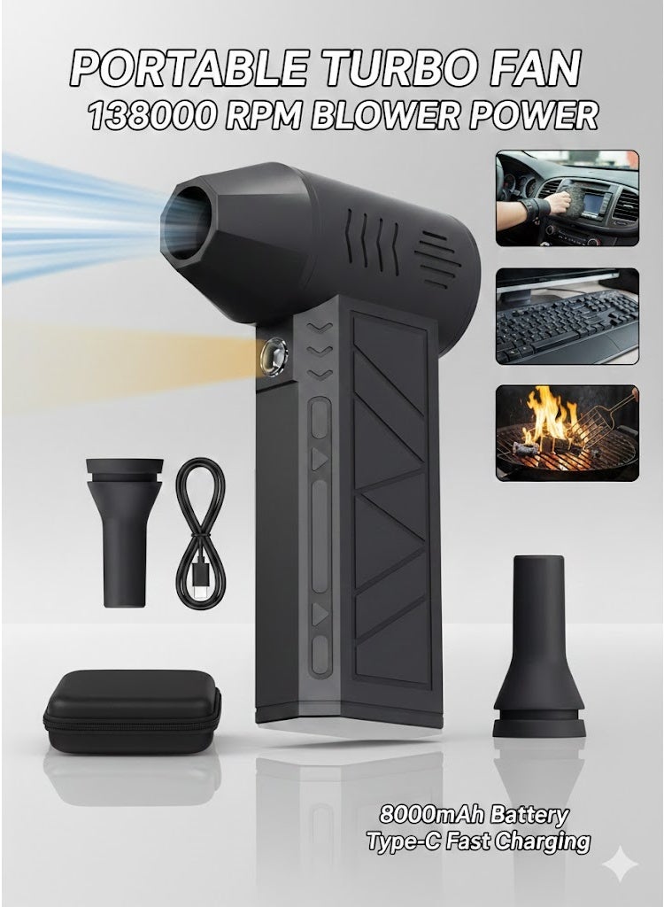 AJYAL Portable Turbo Fan – 138,000 RPM Compressed Air Duster & Mini Blower | 8000mAh Rechargeable Battery | High-Speed Jet Fan for Car Cleaning, PC Keyboards, BBQ, and Outdoors - Image 1